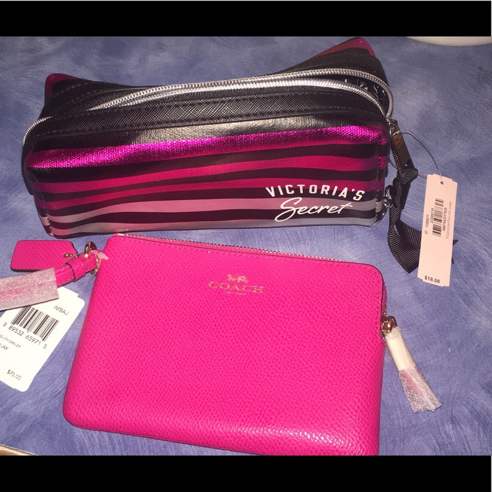 Coach pink makeup bag and Victoria’s Secret bag